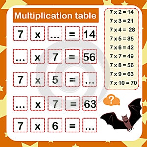 Vector illustration of the multiplication table by 7 with a task to consolidate photo